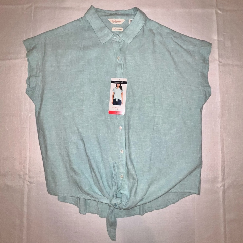 Weatherproof Washable Womens Linen Viscose Green Short Sleeve Button-Down Tie